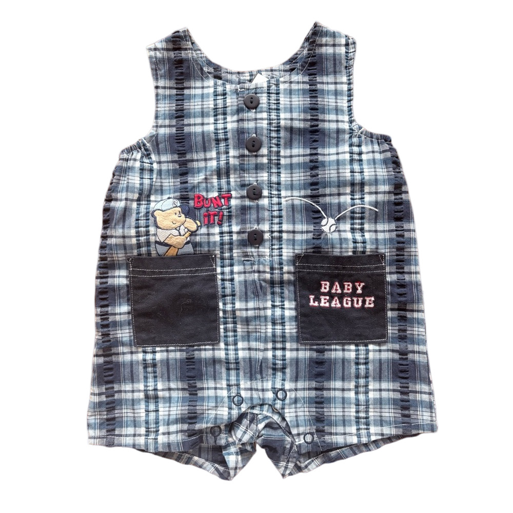 Vintage Kids Baby Boy Cradle Togs Plaid Teddy Bear Baseball Romper Size 3-6M